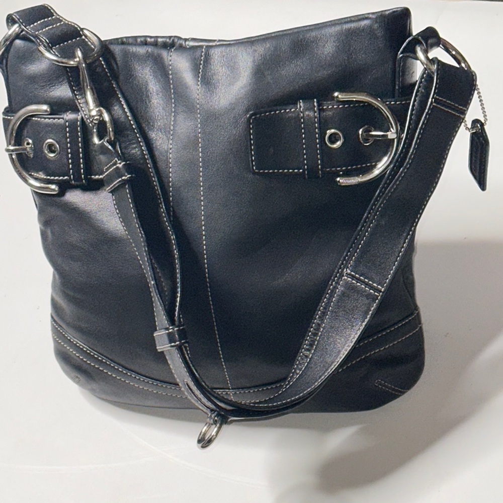 Coach Black Leather Hobo Shoulder Bag with Silver Hardware